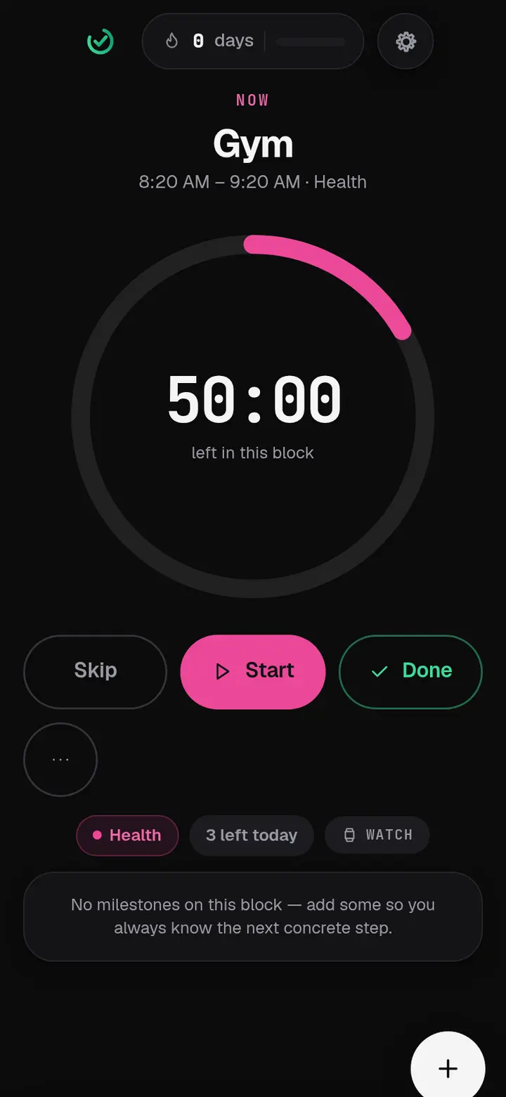 The Focus screen: one block with a large circular countdown showing the time left, Done and Skip buttons, and what is up next.